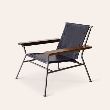 Saddle Leather Arm Chair in Blue with Natural Steel Base