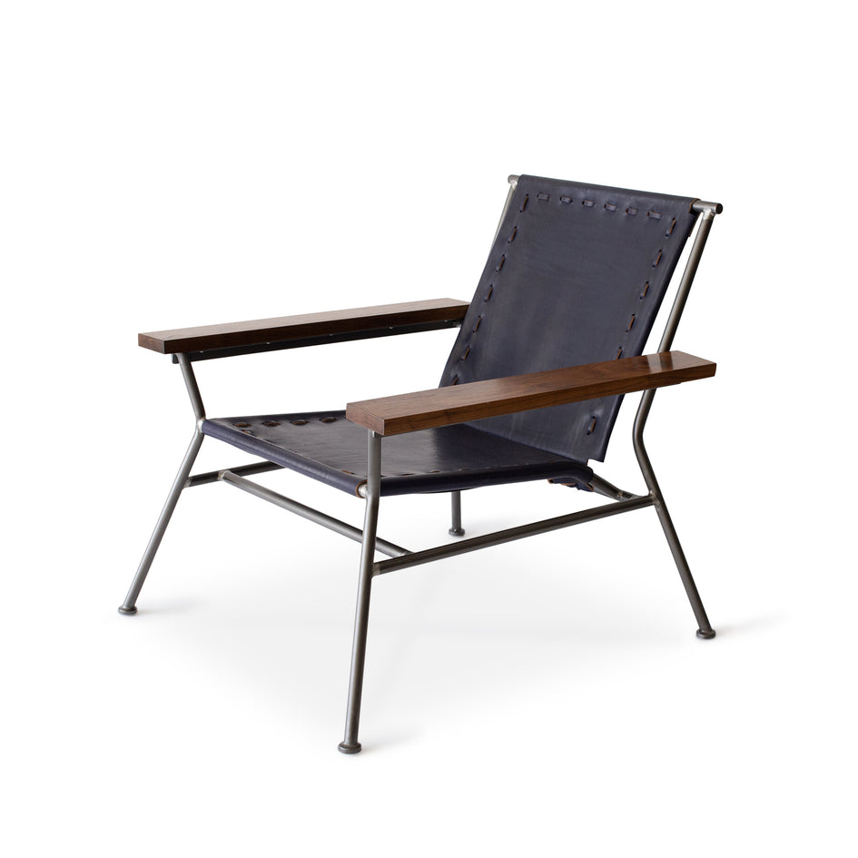 Saddle Leather Arm Chair in Blue with Natural Steel Base Image 1