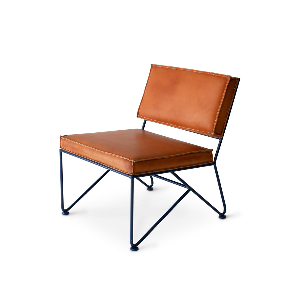 Upholstered Lounge Chair in Natural Leather with Sapphire Blue Base Image 1
